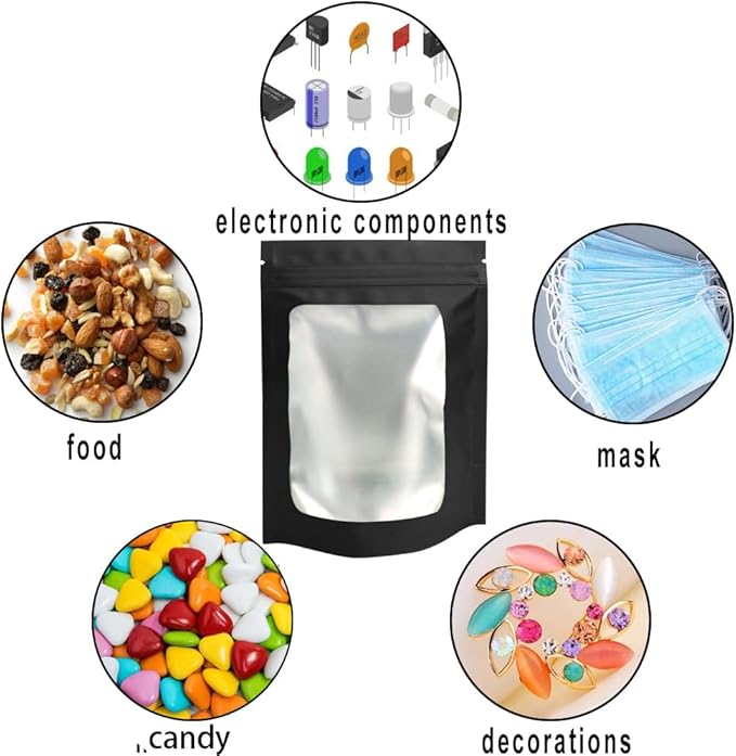 STUs 100 Pack Stand-Up Smell Proof Bags 6.3 x 9.4 Inch Resealable Mylar Bags with Clear Window Foil Pouch Flat Bag Matte Black