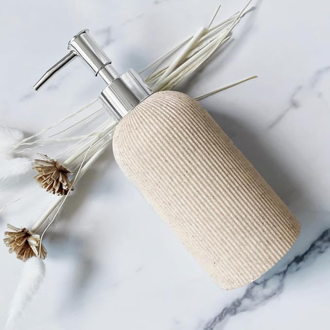 Lunestella Elegant Boho Beige Hand Soap Dispenser with Silver Pump, for Bathroom and Kitchen, Rust Proof, 7oz