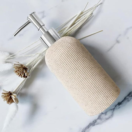 Lunestella Elegant Boho Beige Hand Soap Dispenser with Silver Pump, for Bathroom and Kitchen, Rust Proof, 7oz
