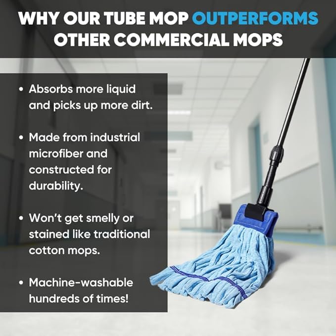 Commercial Mop Head Replacement – 1 Pack Blue Large Microfiber Tube Mop (18 oz.) | Industrial Wet Mops | Washable Refill, Reusable, Heavy Duty, Looped End Mopheads | Hardwood, Concrete