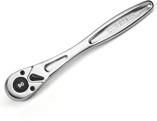 DURATECH 3/8 Inch Drive Ratchet Handle, Ratchet Socket Wrench, 90 Tooth, 8-3/8 Inch Length, Heavy Duty, Professional Ratchets, Quick-release Reversible, Premium Chrome Alloy Made, Polish Chrome Finish