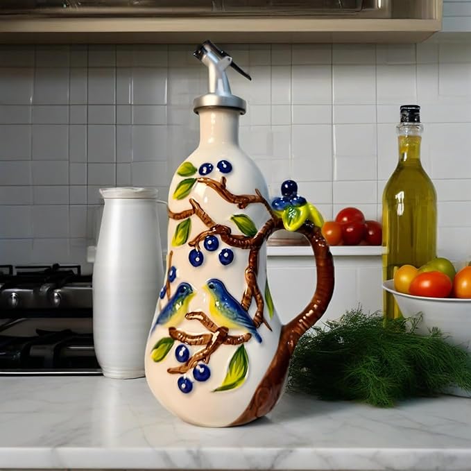 18 oz Hand-Painted Relief Ceramic Olive Oil Bottle Dispenser, with Handle Decorative Olive Oil Dispenser Bottle, for Kitchen Ceramic Oil Vinegar Bottle Seasoning Bottle with Stainless Steel Pour Spout