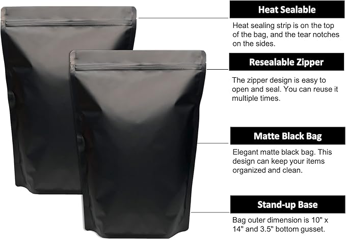 50 Pack 1 Gallon Matte Black Stand Up Food Storage Bags – 5 Mil 10x14 Inches Resealable Food Storage Zipper Pouch Bag, Large Heat Sealable Plastic Foil Packaging Pouches