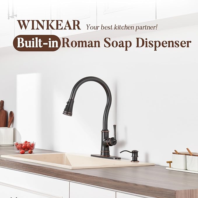 Built in Soap Dispenser for Kitchen Sink Countertop, Solid Brass Pump Head Long Spout with 10.2 Ounce PET Food Safe Material Lotion Bottle, Oil Rubber Bronze Finish