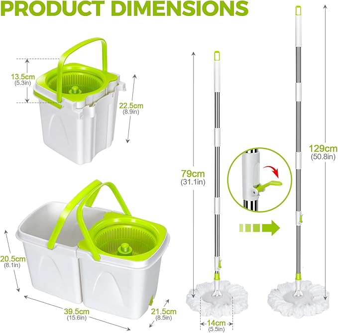 Masthome Mop and Bucket with Wringer Set, Small Spin Mops with Bucket Detachable and 3 Microfiber Mop Pads, 50" Microfiber Spin Mop for Hardwood Laminate Ceramic Marble Tile Floor Cleaning