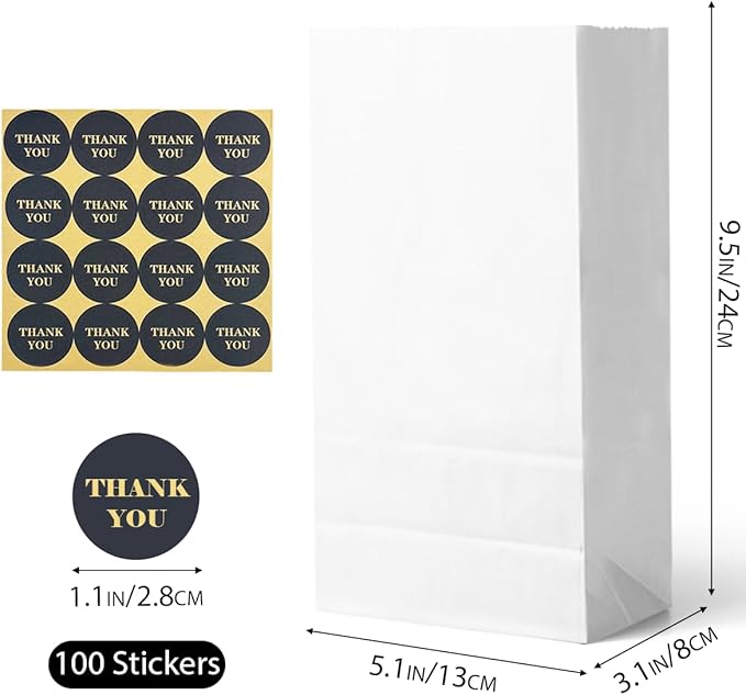 Bakepacker 100 Pcs White Treat Paper Bags with 100 Stickers 5.1"x3.1"x9.4" Small Party Gift Bag Snack Bag without Handle
