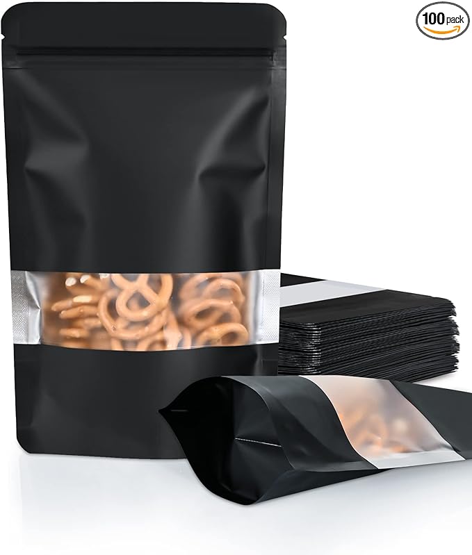 FireKylin 100 Pack Smell Proof Bags 5.5" x 7.8", Resealable Bags with Matte Window, Foil Pouch Stand Up Sealable Bags for Packaging（Black）
