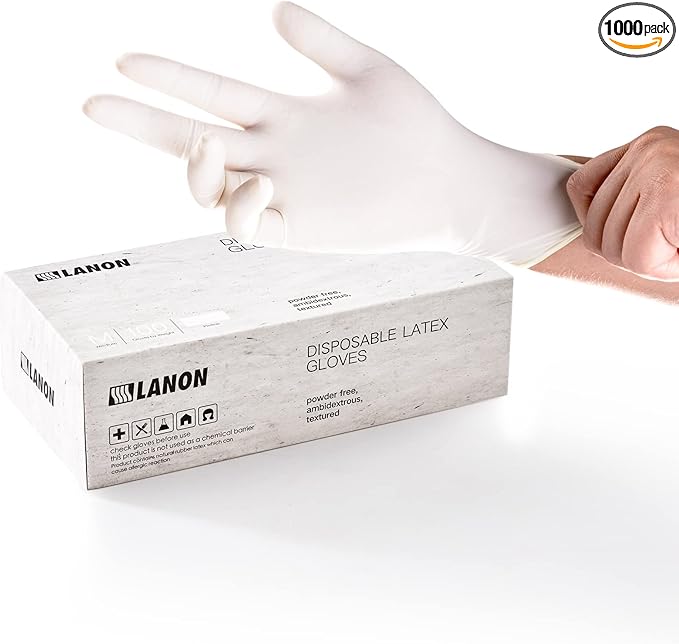 LANON 5 mil Latex Disposable Gloves, Food-Contact Grade, Powder-Free, Fully Textured, White, Medium