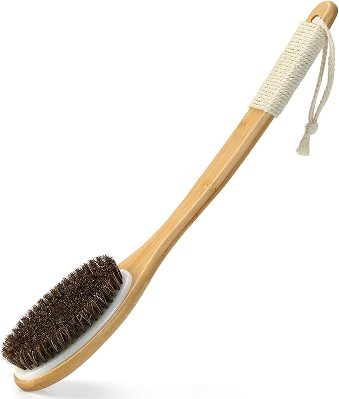 Bamboo Shower Brush with Curved Long Handle, 16.7 Inches Exfoliating Back Scrubber with Natural Bristles for Men & Women, Back Exfoliator Body Washer for Bath or Dry Brushing