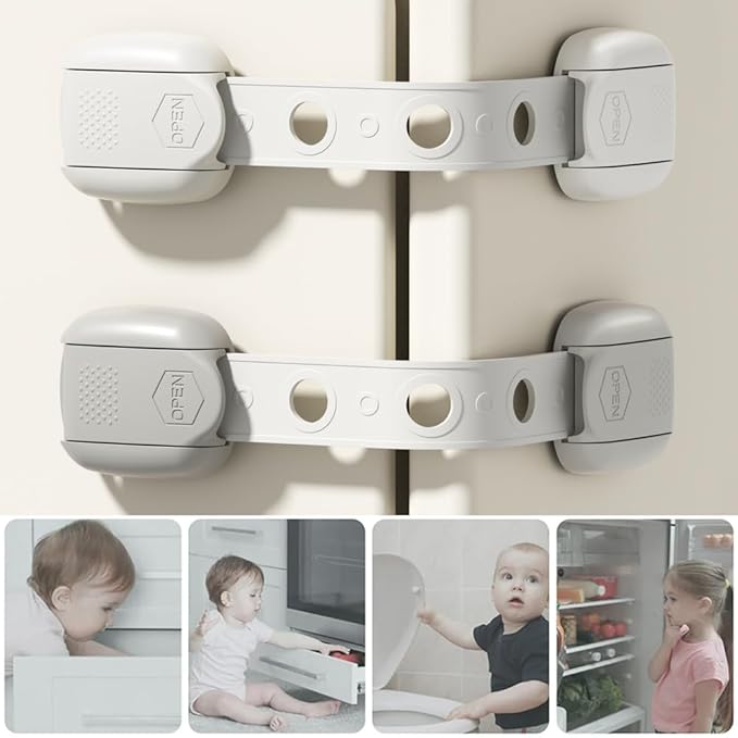 Child Safety Strap Locks (3 Pack) Baby Locks for Cabinets and Drawers, Toilet, Fridge & More. Adhesive Pads. Easy Installation, No Drilling Required, White/Gray (Gray, 3 pcs (Pack of 1))