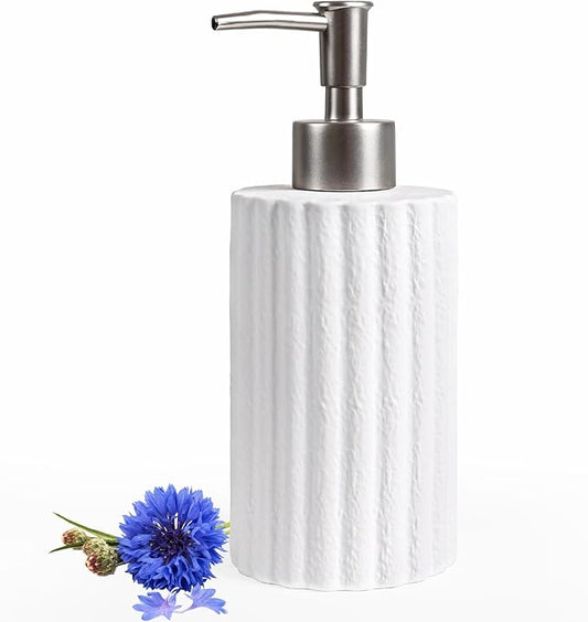 INGOFIN White Soap Dispenser, 10.5 oz Ceramic Lotion Dispenser - Refillable Hand Soap Dispenser Bathroom, Modern Liquid Dish Dispenser with Pump for Kitchen