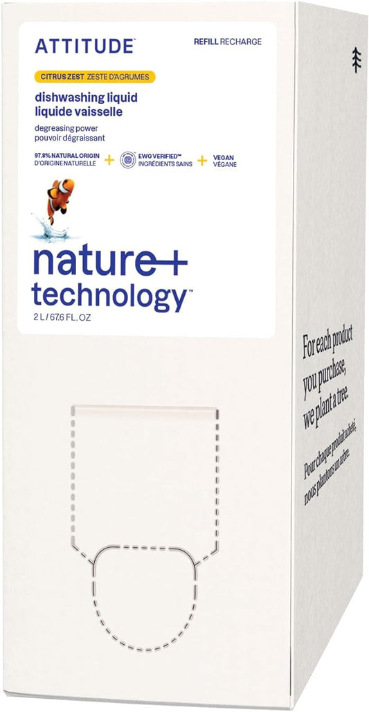 ATTITUDE Dish Soap Refill, EWG Verified, Plant-Based & Vegan Dishwashing Liquid, Naturally Derived, Citrus Zest Scent, 67.6 Fl Oz