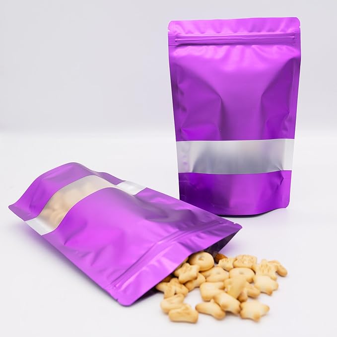 4CP 100 Pcs 4.0x6.0 Inch Zipper Smell Proof Bags with Window, Stand Up Foil Pouches for Food Selfsealing Storage, Reusable Bag for Packaging Small Business, Cookies, Nunt, Candy Purple