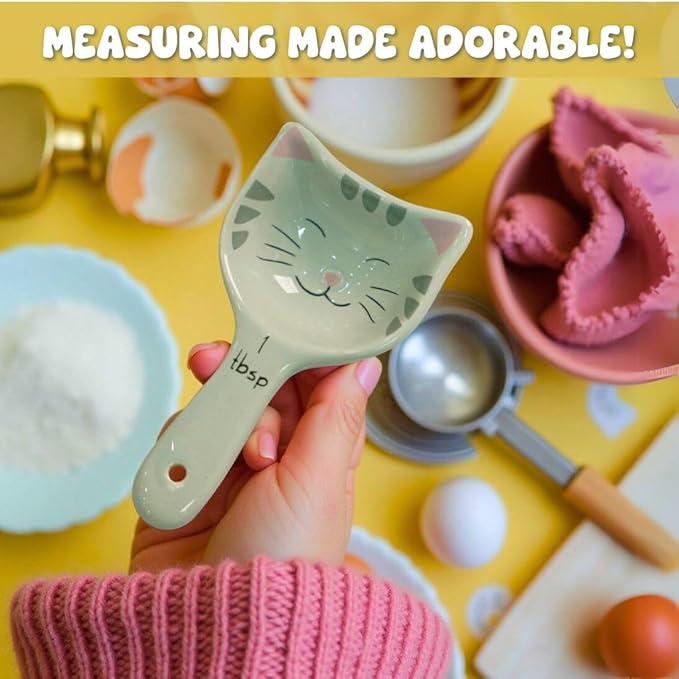 Cute Measuring Cups and Spoons Set - Cat Mom Gifts for Women - Cat Kitchen Accessories for Baking Gifts - Ceramic Measuring Spoons for Unique Baking Supplies - Fun & Decorative Kitty Cup for Cooking