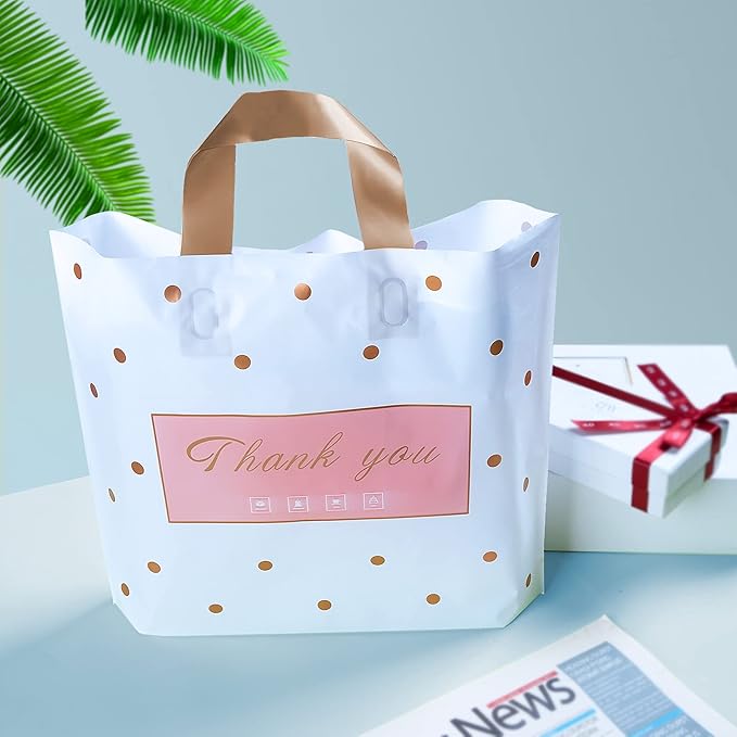 MLAFLY Thank You Bags Shopping Bags, 50 Pack Bulk Merchandise Bags Plastic Boutique Bags for Small Business Retail Bags for Customers Parties Favors Goody Bags(Polka Dot-XLarge(16"x18"))
