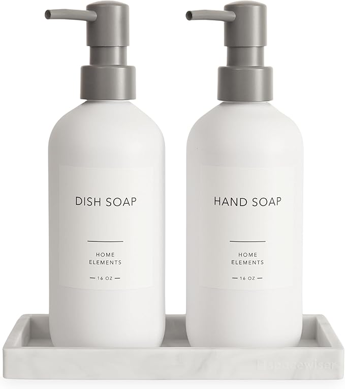 Plastic Soap Dispenser Set - PET Plastic Dish Soap Dispenser for Kitchen, Hand Soap Lotion Bottles with Pump Dispenser for Bathroom, Includes 8 Waterproof Labels and Silicone Tray, 16 oz