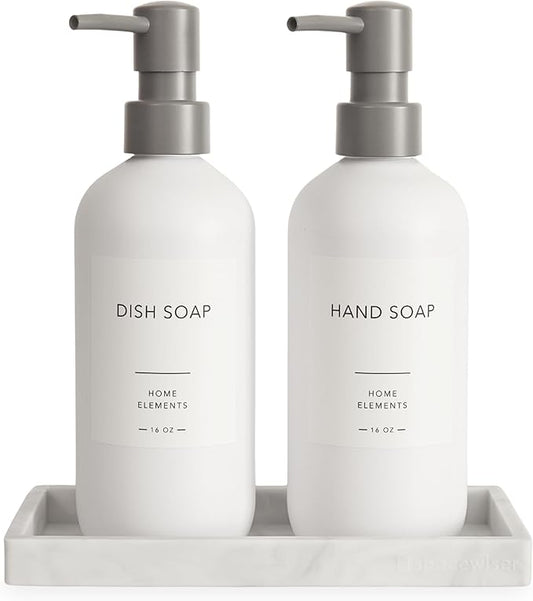 Plastic Soap Dispenser Set - PET Plastic Dish Soap Dispenser for Kitchen, Hand Soap Lotion Bottles with Pump Dispenser for Bathroom, Includes 8 Waterproof Labels and Silicone Tray, 16 oz