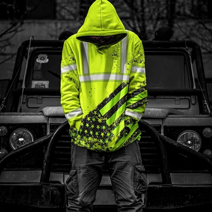 Color US Flag High Visibility Hoodie for Men Women Reflective Tapes Safety Workwear for Worker Runner Patriotic