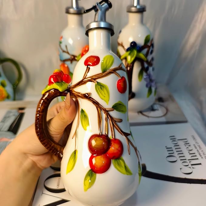 18 oz Hand-Painted Relief Ceramic Olive Oil Bottle Dispenser, with Handle Decorative Olive Oil Dispenser Bottle, for Kitchen Ceramic Oil Vinegar Bottle Seasoning Bottle with Stainless Steel Pour Spout