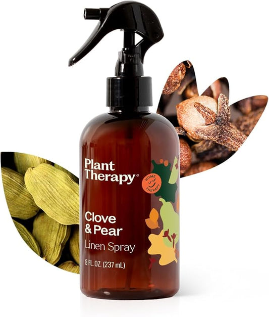 Plant Therapy Clove & Pear Linen Spray 8 oz A Fun, Feel-Good Scent with Fall Flair, Adds Cozy Charm & Cheerful Vibes, Perfect for Spritzing Linens, Curtains, and Cozy Corners
