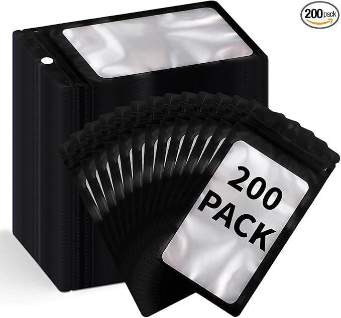 200 Pack Resealable Mylar Holographic Bags Food Storage Smell Proof Bags with Front Window Foil Packaging Pouch for Candy Sample Jewelry Small Business 3.54×6.29 Inch, Black