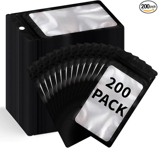200 Pack Resealable Mylar Holographic Bags Food Storage Smell Proof Bags with Front Window Foil Packaging Pouch for Candy Sample Jewelry Small Business 2.95×4.72 Inch, Black