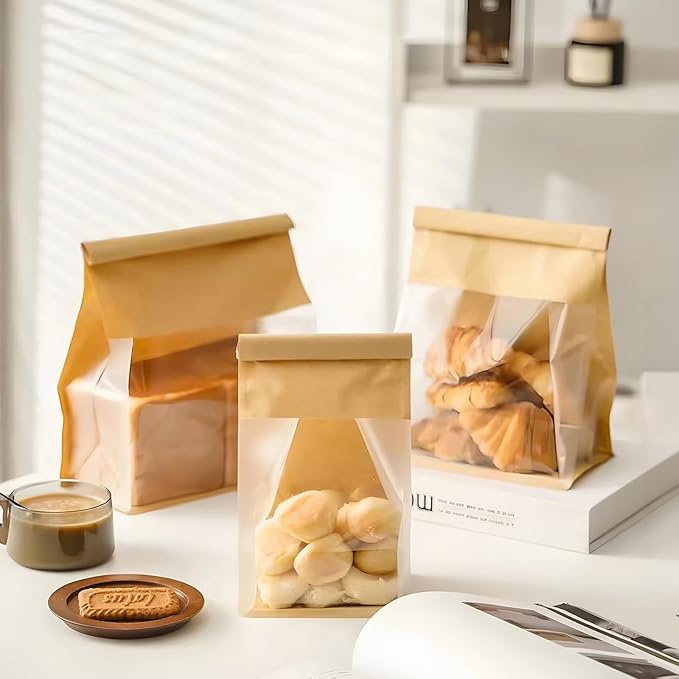 100 Pcs 8.6 Inch Bread Bags with Tin Tie, Large Loaf Bags Made Of Brown Cotton Paper, Storage Packing Bag with Clear Window for Bakery, Cafe, Homemade Bread