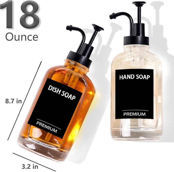 Dish Soap Dispenser for Kitchen, Hand Glass Soap Dispenser Set with Pump, Tray, Funnel for Bathroom, Shower, Laundry, Liquid, Lotion (Black 2 Pack 18 Oz Clear Bottles with 12 Stickers)