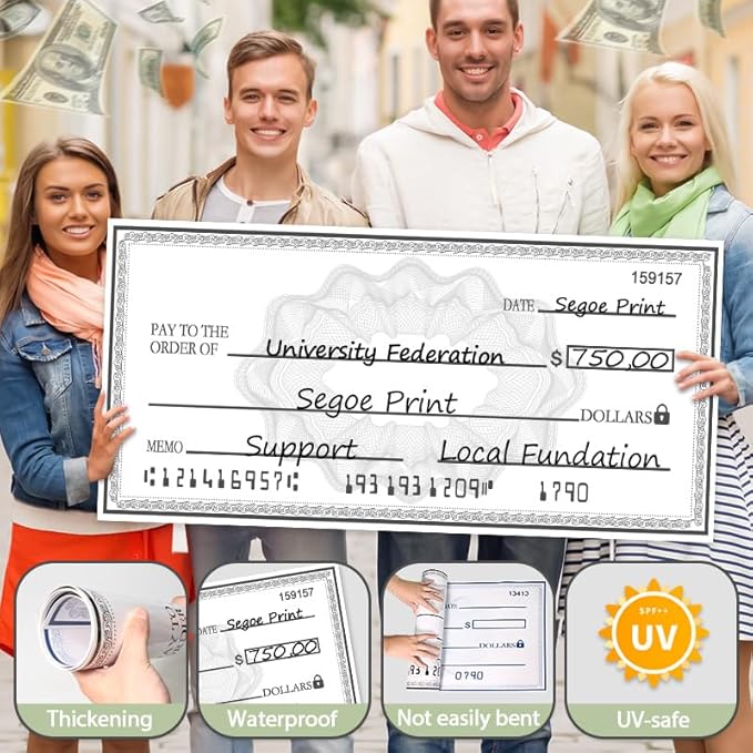 Giant Check Oversized 40"x16" Dry Erase Ceremony Check | School Award Plaque & Fundraising Progress Tracker | Reusable Waterproof Sign for Classrooms