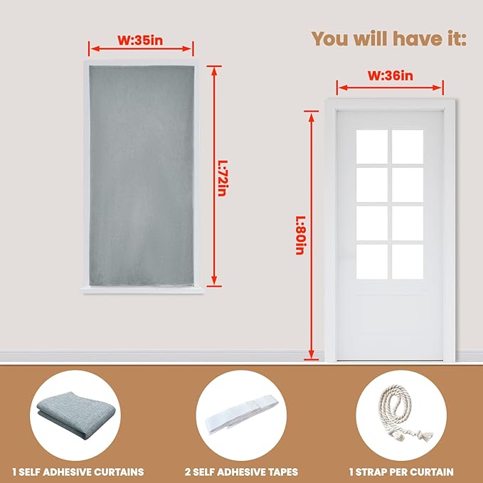 Adhesive Curtain,100% Blackout Curtains, No Drilling, Suitable for Multi-Scenes Privacy Protection (Light Gray - W35 × L72 in)