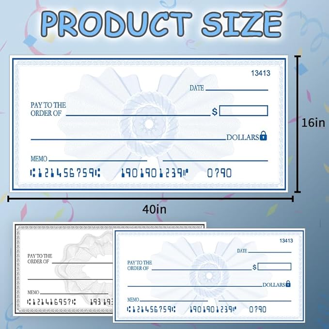 40x16 Inch Giant Check Big Checks for Presentations | Double-Sided Dry Erase Paper Check | Waterproof Laminated Fundraising Sign for Events | Reusable Presentation Sheet(Black/Blue)