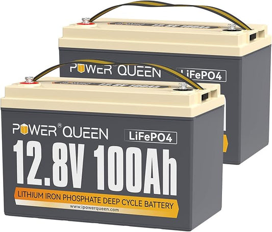 Power Queen 2 Pack 12.8V 100Ah LiFePO4 Battery, Built-in 100A BMS, Lithium Battery 1280Wh, Up to 15000+ Cycles, Support in Series/Parallel, widely used for Solar Home System, RV, Off-grid Life