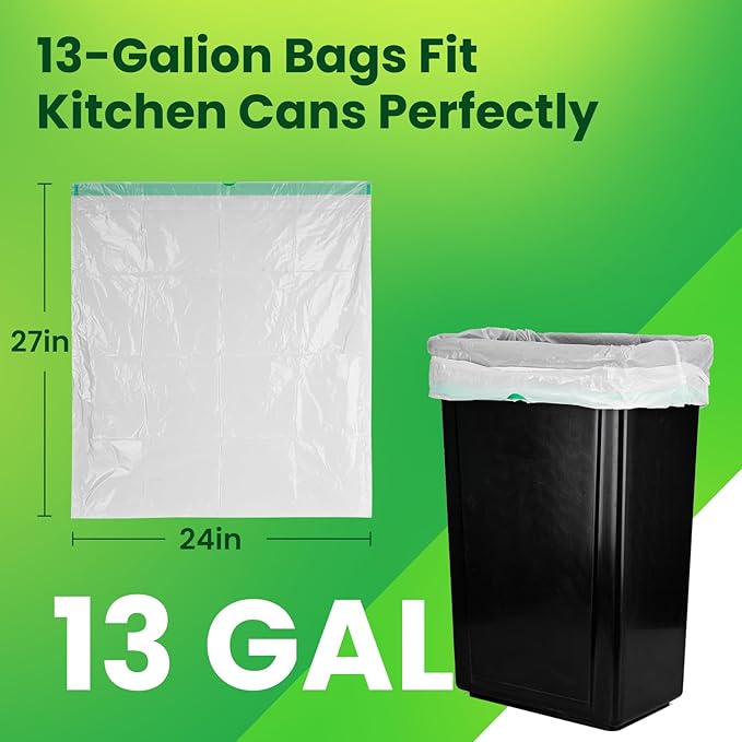 Large Trash Bag 13 Gallon Tall Drawstring 100% Post-Consumer Recycled Garbage Bag Waste Bag for Kitchen Office (120 Count, 0.6 Mil)