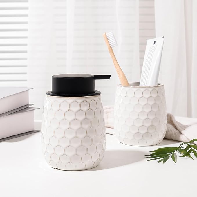 Soap Dispenser, 13 OZ Ceramic Liquid White Hand Soap Dispenser with Honeycomb Design for Kitchen or Bathroom, Refillable Dish Lotion Dispenser, ANTIS'S HOME