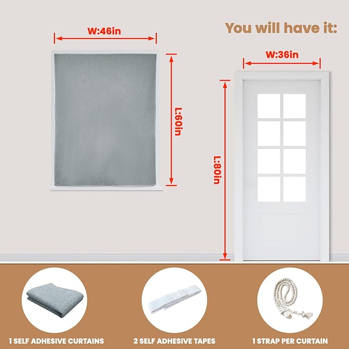 Adhesive Curtain,100% Blackout Curtains, No Drilling, Suitable for Multi-Scenes Privacy Protection (Light Gray - W46 × L60 in)