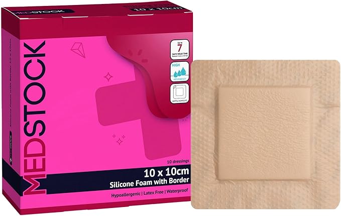 MEDSTOCK Silicone Foam Dressing with Border, 4"x4" (Pack of 10), Wound Care, Super Absorbent, Atraumatic Removal, Five Layers, Waterproof, Seals Wound Edges, No Adhesion Loss