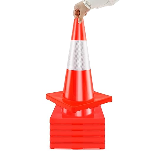 RELIANCER 4PCS 18" Traffic Cones PVC Safety Road Parking Cones Weighted Hazard Cones Construction Cones for Traffic Fluorescent Orange w/4" Reflective Strips Collar