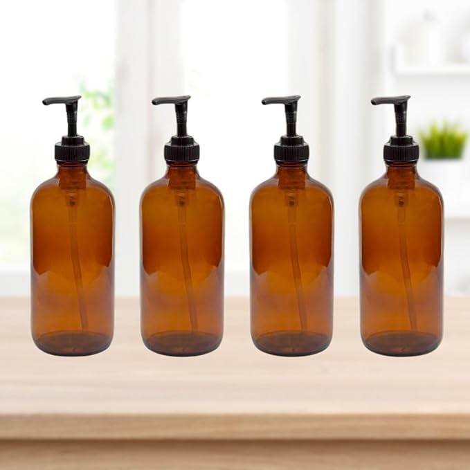 Cornucopia Brands 8oz Glass Pump Bottles (Pack of 4, Amber Brown) Lotion Soap Dispensers w/Black Plastic Pumps