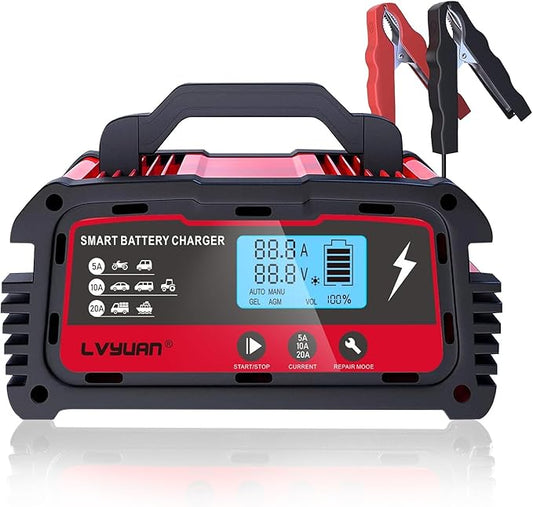 LVYUAN 20A Smart Car Battery Charger, 12V (5/10/20A) and 24V(5/10A) Automotive Charger, Battery Maintainer with LCD Display, Trickle Charger, for Motorcycle, AGM, Lawn Mower and Lead-Acid Batteries