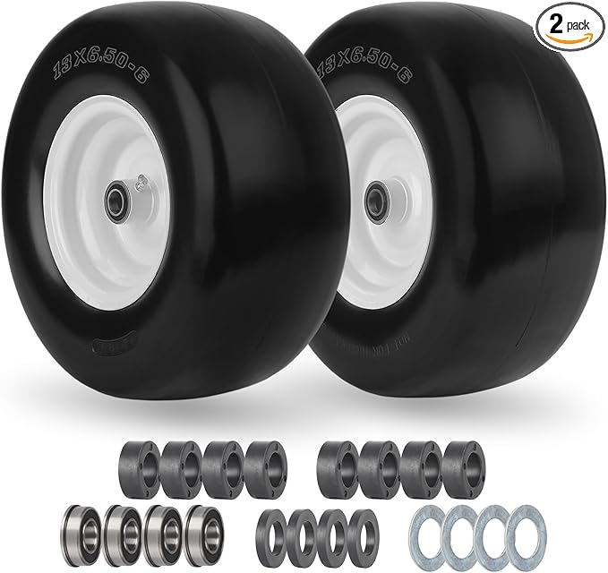 13x6.50-6 Flat Free Lawn Mower Tire and Wheel, Solid Smooth Zero Turn Mower Front Tire Assembly, with 3/4" & 5/8" Bearing, 4"-6.5" Centered Hub, Compatible with Lawnmower Garden Tractor, 2 Pack