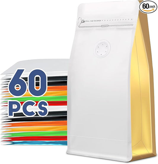 Coffee Bags with Valve(60pcs,16 oz,1 lb) Vented Coffee Beans Packaging Bags High Barrier Aluminumed Foil Flat Bottom Heat Sealed Side Zipper Resealable Storage Bag for Home or Business（White+Gold）