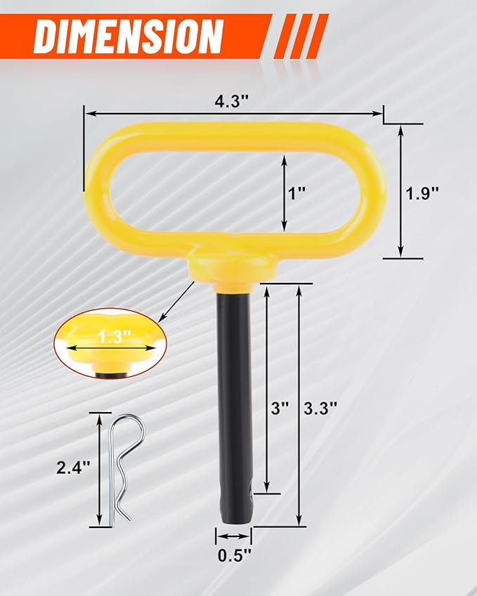 4Pack Hitch Pin, 1/2 x 3 Inch Trailer Hitch Pin with Clip and Rubber-Coated Handle, Strong Heavy Duty Lawn Mower Hitch Pin for Mowers, Tractor Truck, Towing Cargo, ATV (Yellow)