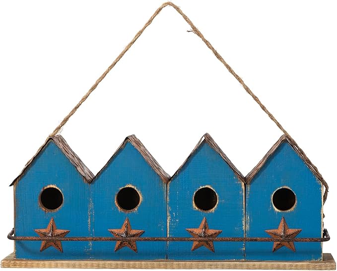 Glitzhome 17" L Distressed Solid Wood Birdhouse with Perch Decorative Garden Hanging Bird House for Outdoors,Retro Blue