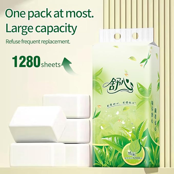 Hanging Facial Tissues with Green Tea Scent (6 Packs, 7680 Sheets Total) 4-Ply Soft Pack Paper Tissues for Home and Office - Wall Mountable & Space Saving