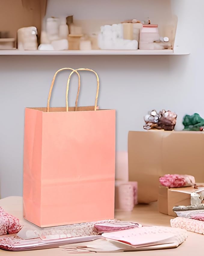 qiqee 32Pcs Small Size Light Pink Kraft Paper GIft Bags with Handles - 8.3"x6"x3.15" Kraft Small Party Bags