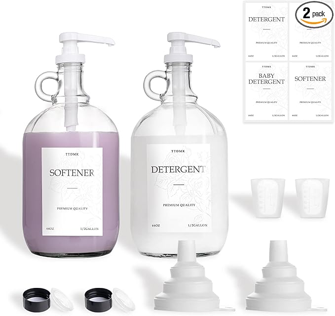 2 Pcs Glass Liquid Laundry Detergent Dispenser, Half Gallon Laundry Soap Dispenser for Laundry Room (64 oz. Each), Laundry Detergent Bottles with Pump Dispenser -Includes Labels, Funnel, Measuring Cup