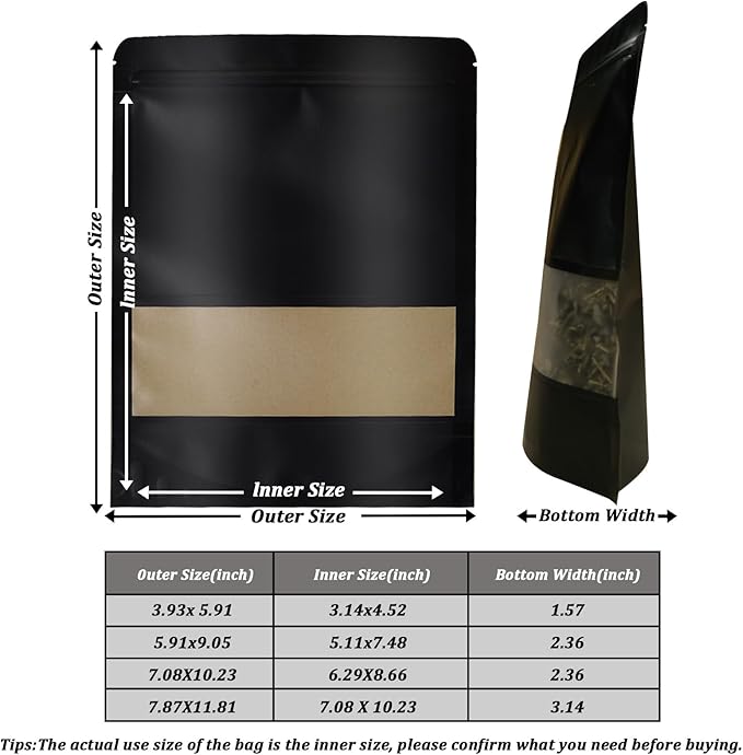 100 PCS Resealable Stand Up Kraft Paper Bags With Matte Window, Zipper Lock Food Storage for Small Business and Home, 3.93 * 5.91 Inches Reusable Sealable Packaging - Black