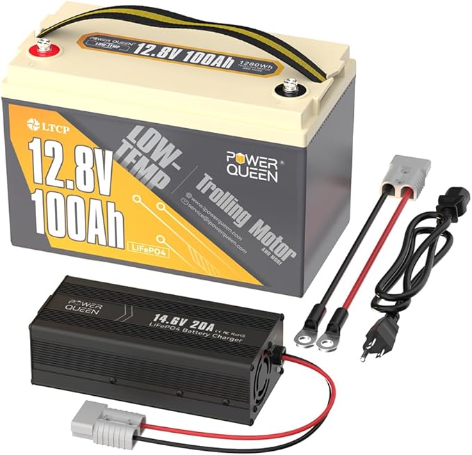 Power Queen 12.8V 100Ah Low-Temp LiFePO4 Battery with 12V20A, Low Temperature Protection, Built-in 100A BMS, Grade A Battery Cell, Up to 15000+ Cycles, Perfect for Trolling Motor, Marine, RV
