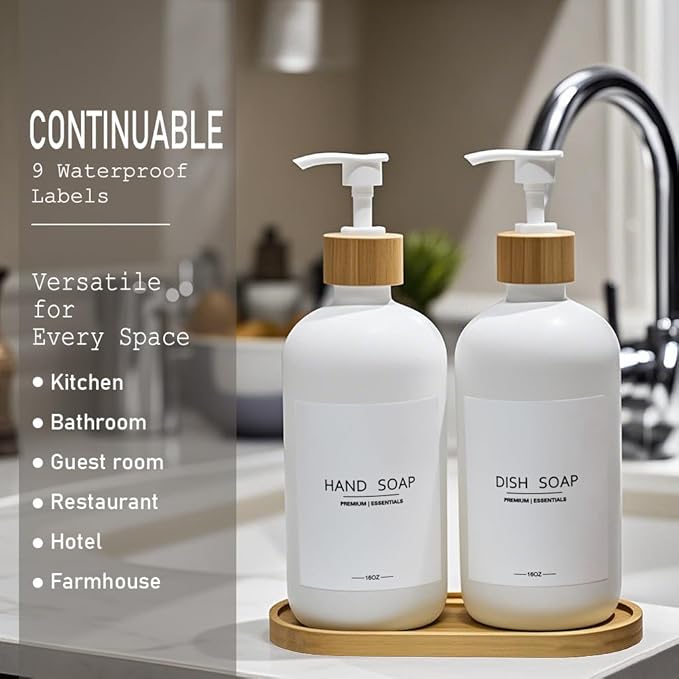Luxury Glass Soap Dispenser Set - 2 Refillable 16.9oz Bottles, Bamboo Pump & Tray for Farmhouse & Modern Decor, 9 Waterproof Labels for Kitchen/Bathroom (White Bottle+White Bamboo Pumps+Tray)