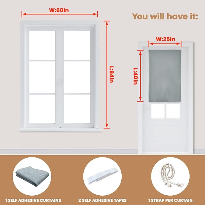 100% Blackout French Door Curtain,Adhesive, No Drilling Required,Small Curtains Designed for Installation On Doors (Light Gray - W25 × L40 in)